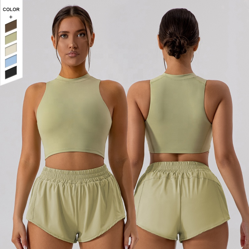 Hot Selling High Elasticity Quick Drying Woman Athletic Gym Workout Set Slim Fit Sleeveless Sports Tank Top and Runnning Shorts Fitness Apparel