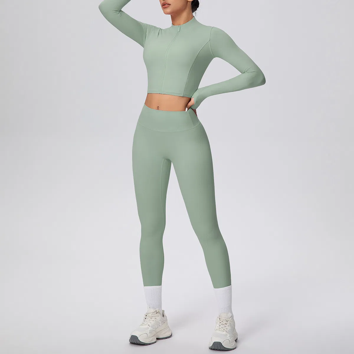 2PCS European and American Trendy Yoga and Pilates Fitness Apparel for Women, Long Sleeve Cropped Zipper Jacket + High Waisted Running Leggings Tracksuit Set
