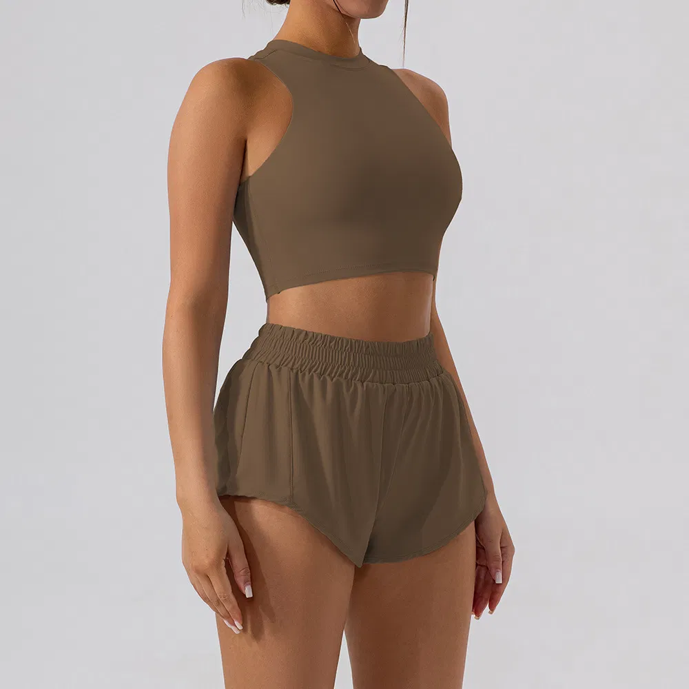Hot Selling High Elasticity Quick Drying Woman Athletic Gym Workout Set Slim Fit Sleeveless Sports Tank Top and Runnning Shorts Fitness Apparel