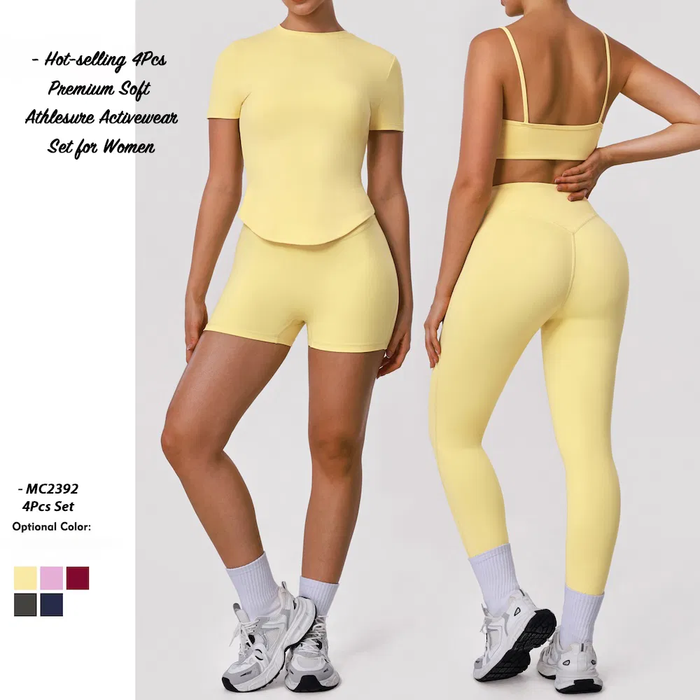 Top Selling 4PCS Matching Activewear Sets for Woman, Cute Sports Bra + Short Sleeve Crop T-Shirt + Gym Shorts + Running Leggings Yoga and Pilates Apparel