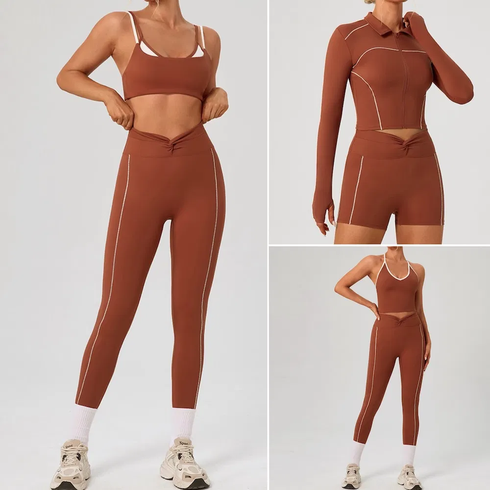 5 PCS Set New Premium Color-Block Athletic Wear for Woman, Lapel Collar Activewear Jacket + Sports Top + Yoga Shorts + Fitness Leggings with Side Strips