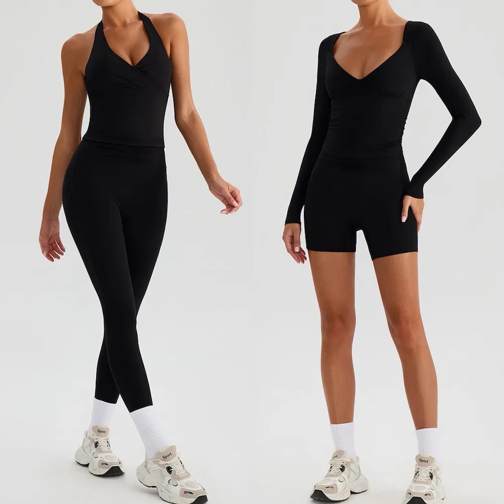 Hot Sexy 4 Pieces Yoga Apparel for Women, Attractive V Neck Sports Top with Bra + High Waisted Gym Shorts +Running Leggings Premium Matching Activewear Set