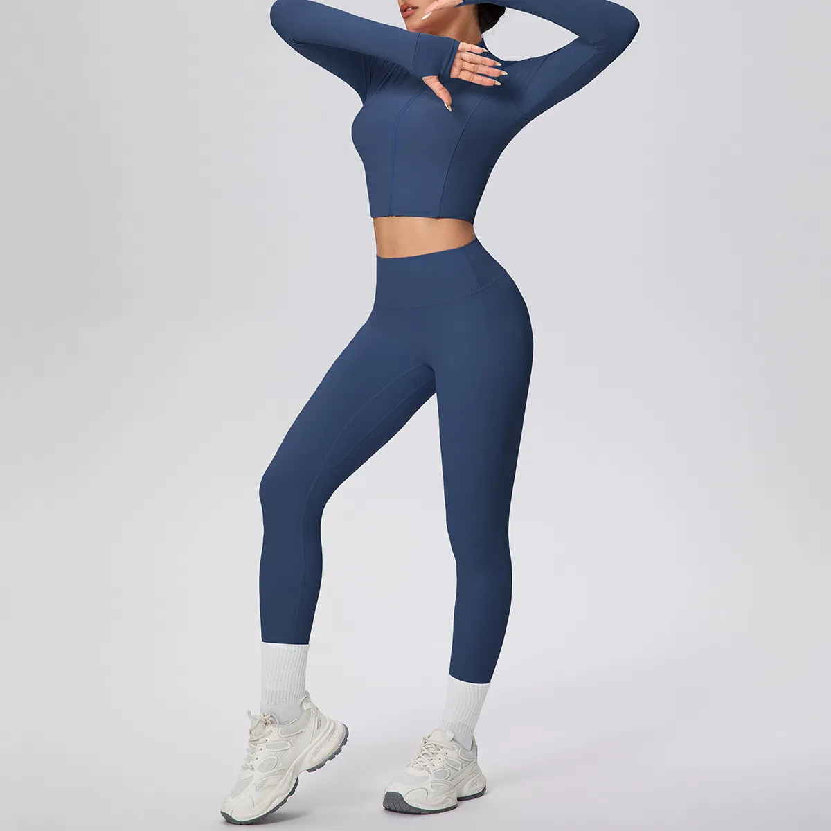2PCS European and American Trendy Yoga and Pilates Fitness Apparel for Women, Long Sleeve Cropped Zipper Jacket + High Waisted Running Leggings Tracksuit Set