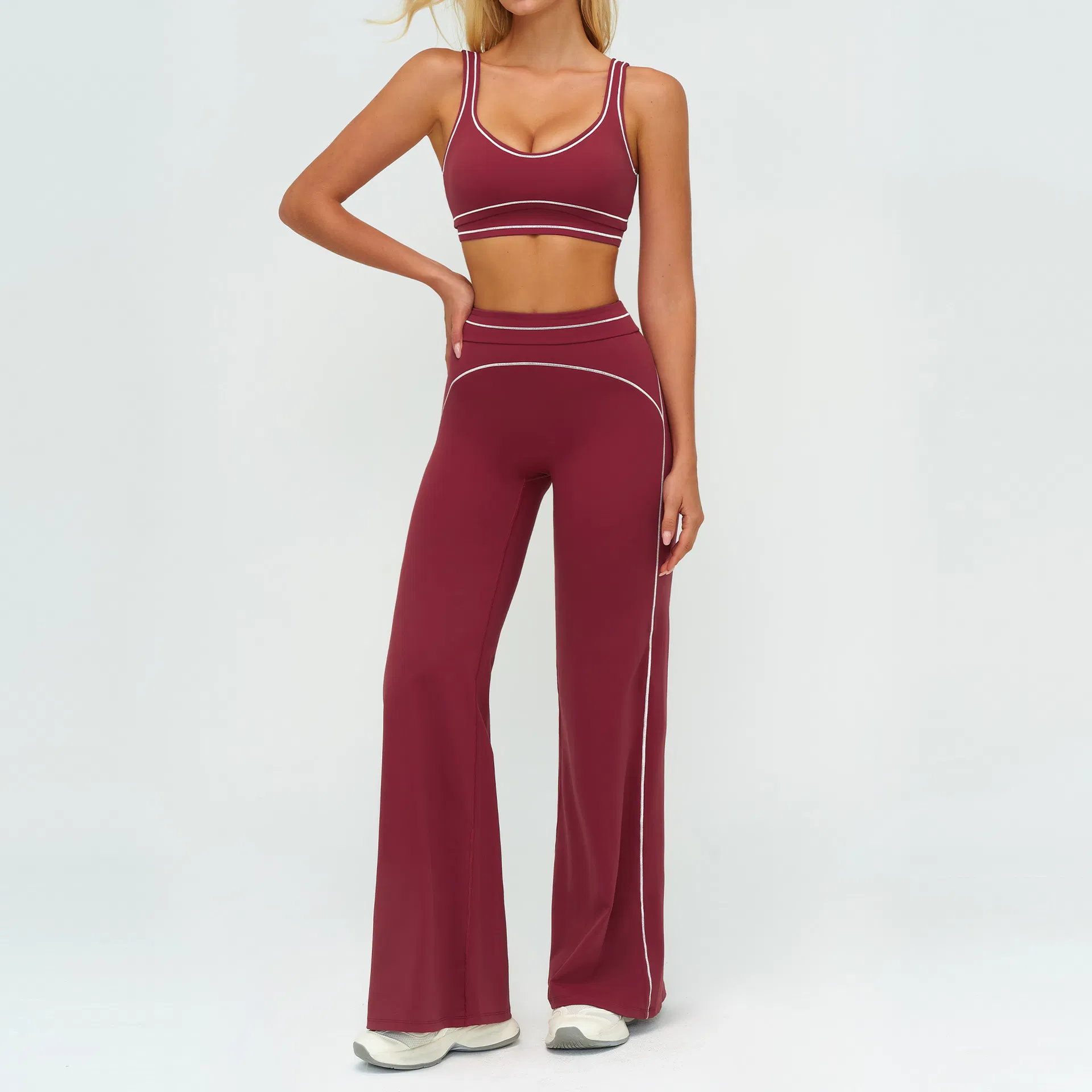 Custom Logo Women's 2 Piece Yoga Set - Contrast Stitching Sports Bra &amp; High Waist Flare Leggings Workout Activewear