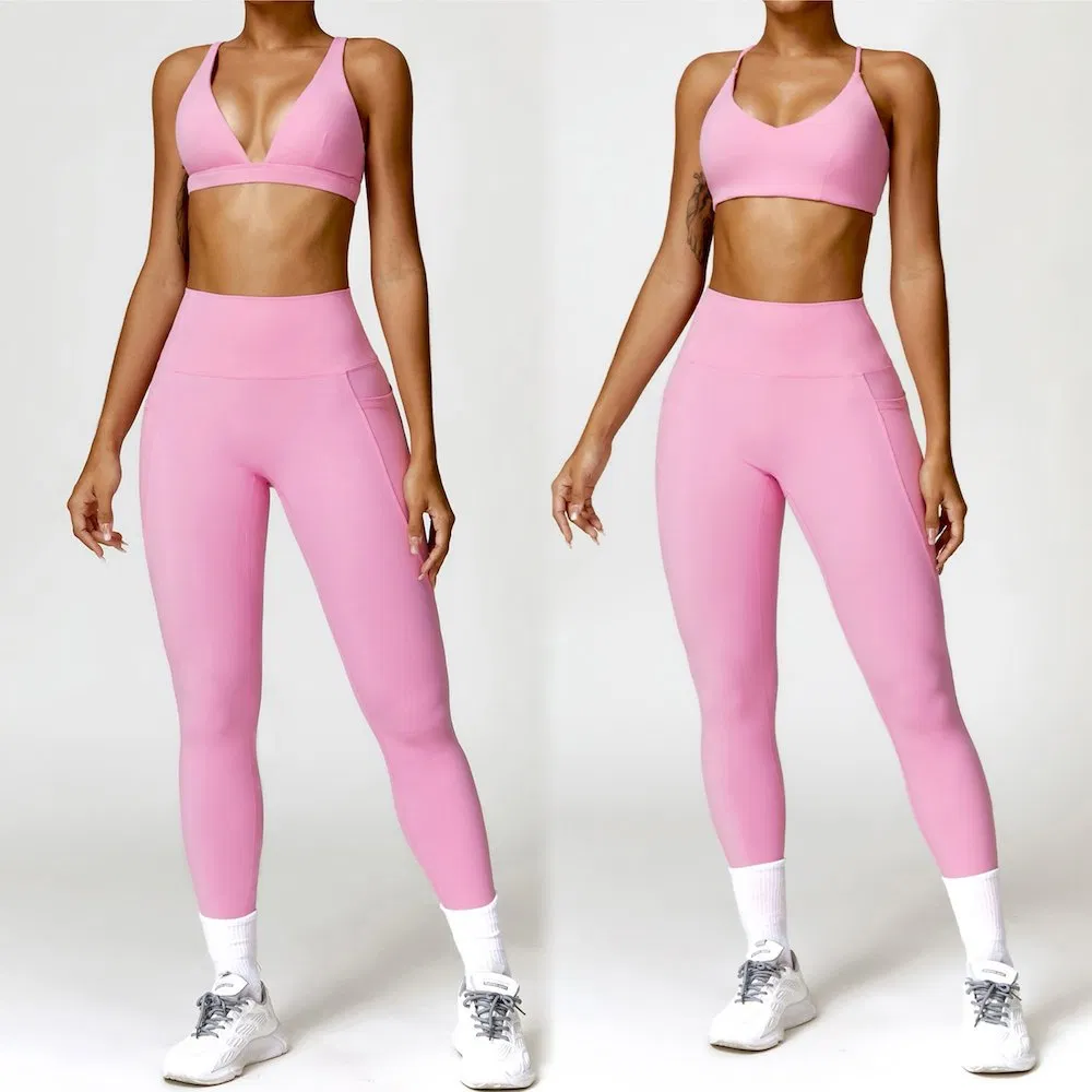 Wholesale American and European Fashion Plunge V Neck Activewear for Women, Sexy Supportive Workout Bra + Gym Leggings with Side Pockets Yoga Sports Suit