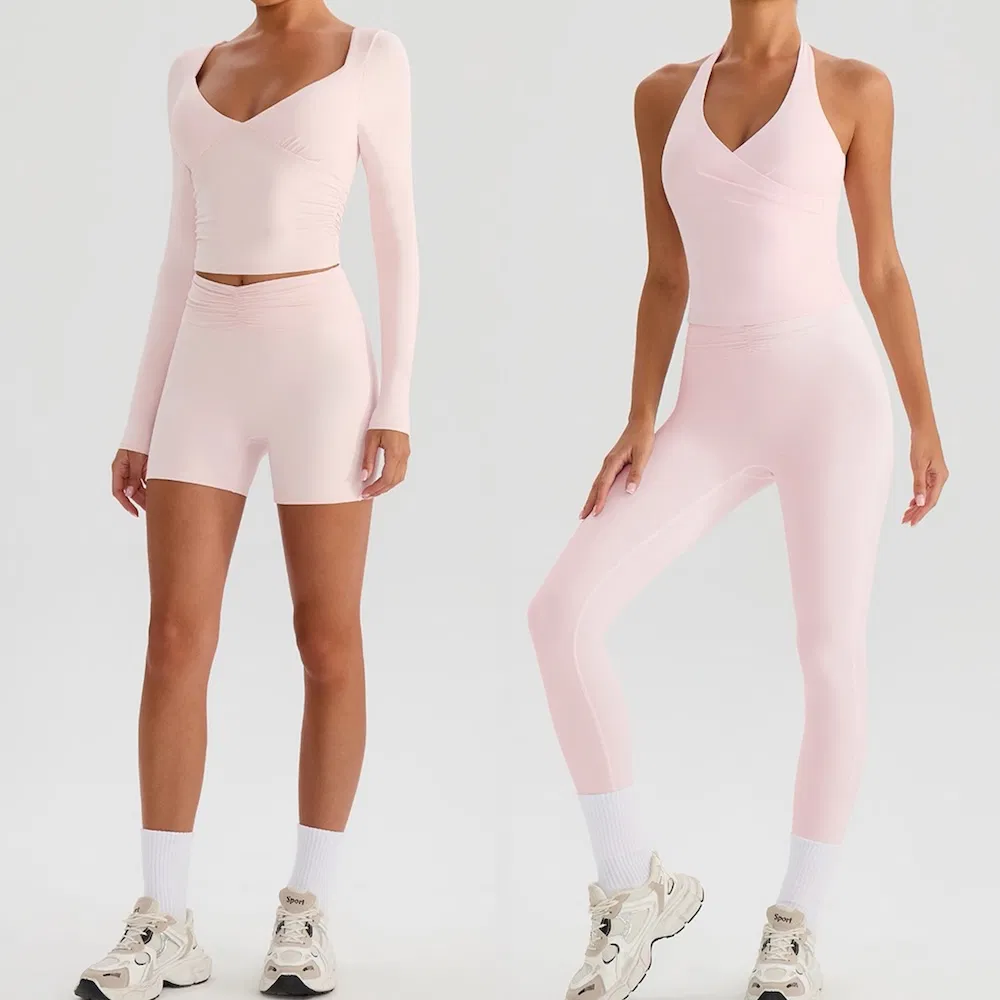 Hot Sexy 4 Pieces Yoga Apparel for Women, Attractive V Neck Sports Top with Bra + High Waisted Gym Shorts +Running Leggings Premium Matching Activewear Set