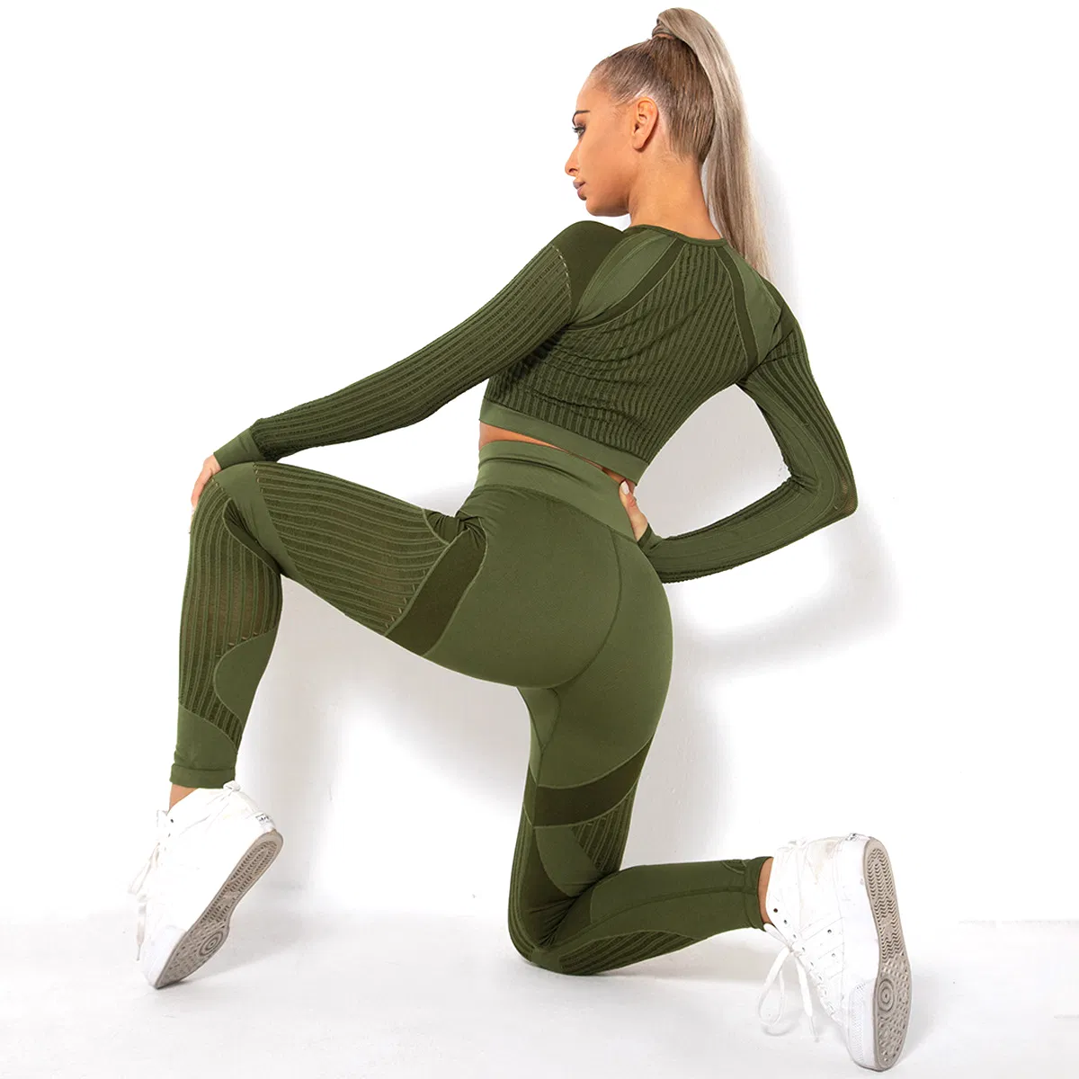 Womens 2 Pieces Stretch Mesh Insert Seamless Street Fitness Wear, Custom High Waist Yoga Leggings + Long Sleeve Crop Top Sexy Striped Gym Apparel for Ladies