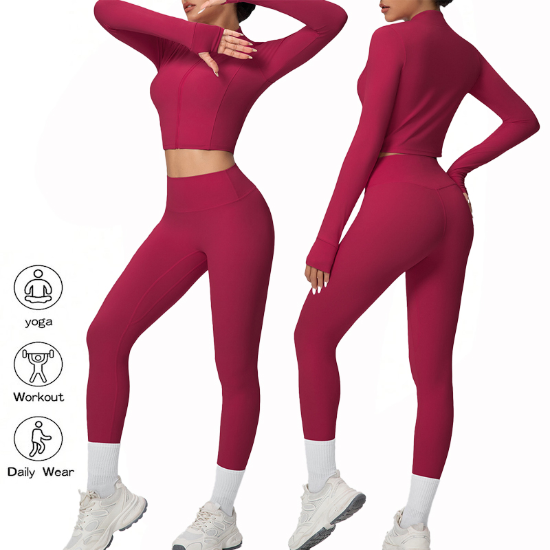 2PCS European and American Trendy Yoga and Pilates Fitness Apparel for Women, Long Sleeve Cropped Zipper Jacket + High Waisted Running Leggings Tracksuit Set