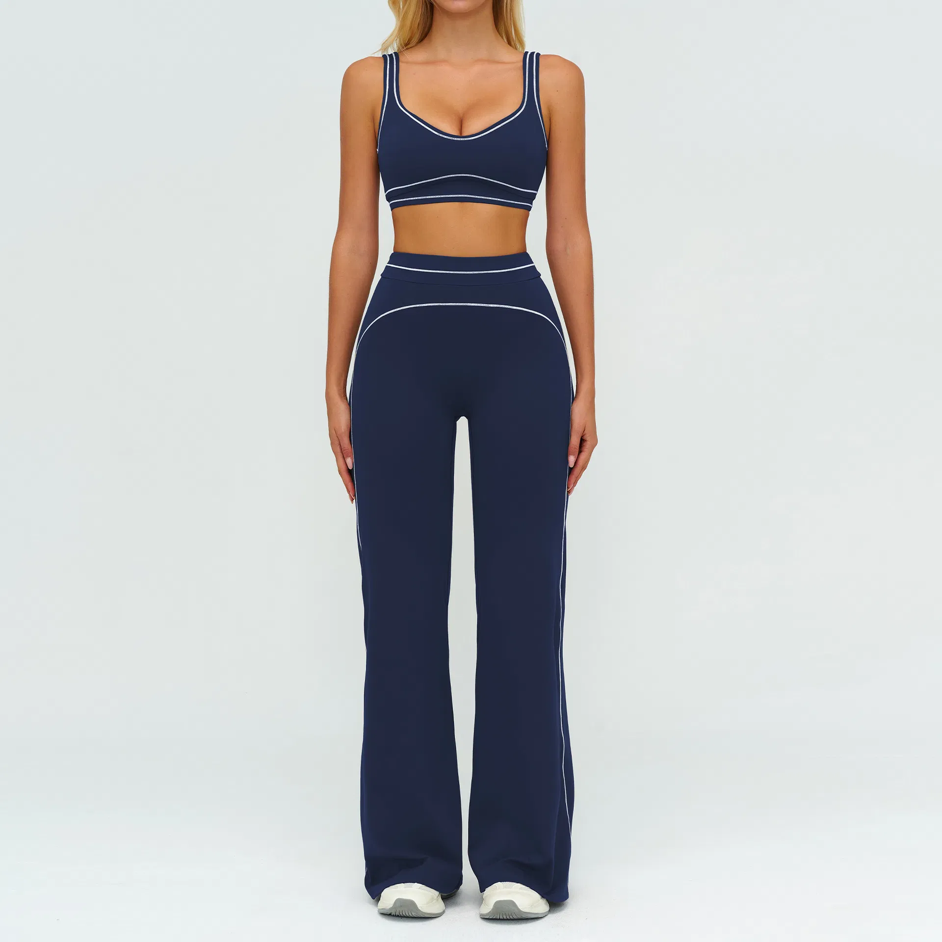 Custom Logo Women's 2 Piece Yoga Set - Contrast Stitching Sports Bra &amp; High Waist Flare Leggings Workout Activewear