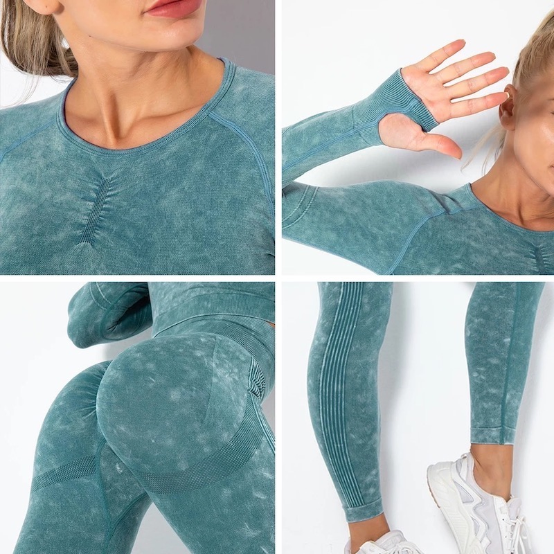 Hot Sexy Seamless Long Sleeve Gym Athletic Apparel for Women, Custom Retro Fashion Streetwear Workout Crop Top + Scrunch Booty Leggings Stretchy Activewear Sets