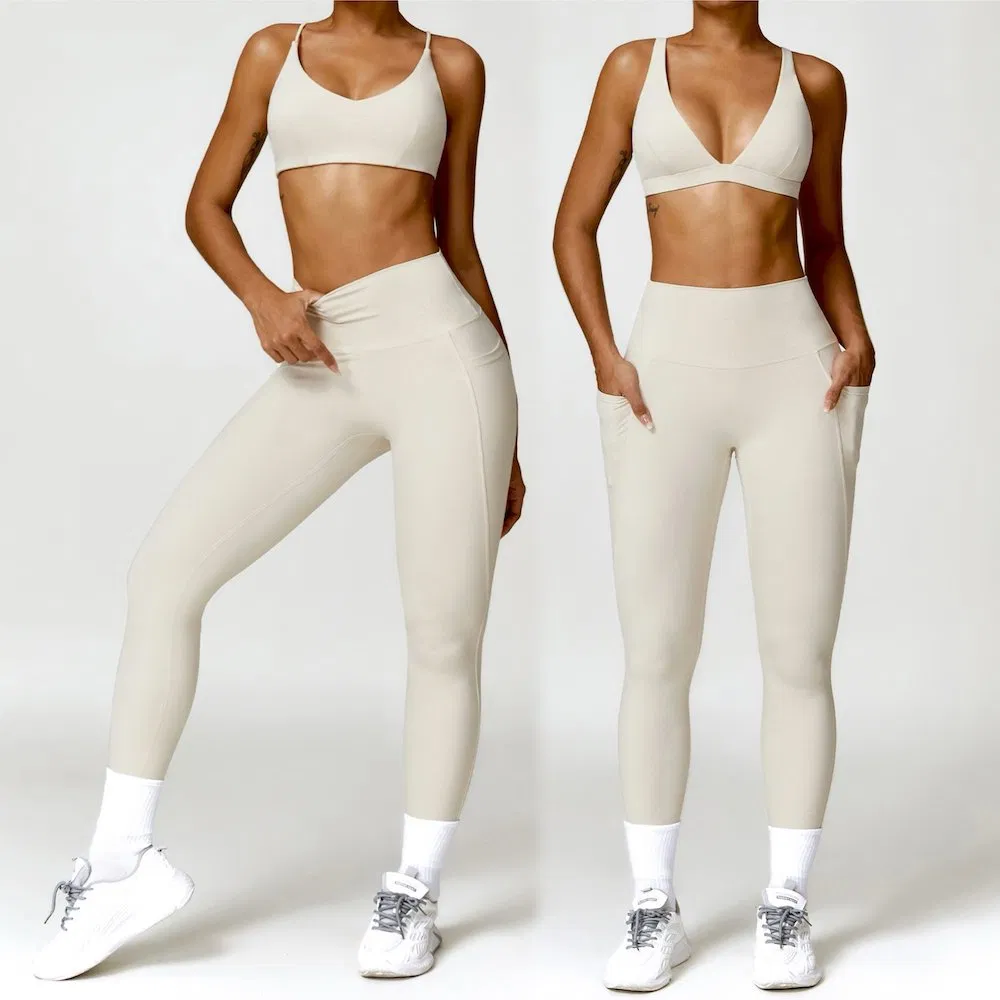 Wholesale American and European Fashion Plunge V Neck Activewear for Women, Sexy Supportive Workout Bra + Gym Leggings with Side Pockets Yoga Sports Suit