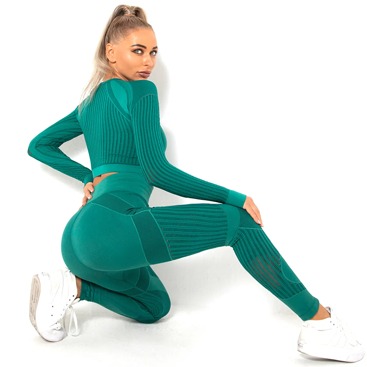 Womens 2 Pieces Stretch Mesh Insert Seamless Street Fitness Wear, Custom High Waist Yoga Leggings + Long Sleeve Crop Top Sexy Striped Gym Apparel for Ladies