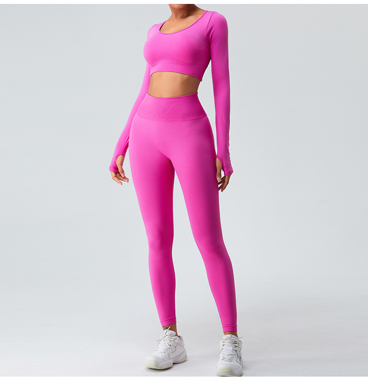 Nude Feeling Seamless Women's Gym Workout Activewear Set Sports Yoga Cross Backless Long Sleeve Fitness Top + Butt Lifting V Back Leggings