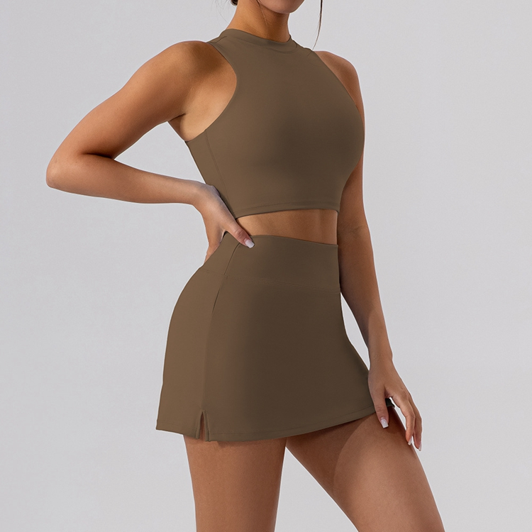 High Neck Padded Tank Top Loose Relax Running Shorts Compression Fit Skort Women Active 2PCS Wear