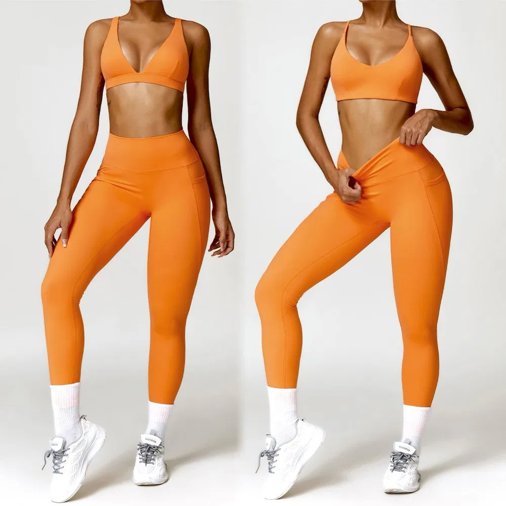 Wholesale American and European Fashion Plunge V Neck Activewear for Women, Sexy Supportive Workout Bra + Gym Leggings with Side Pockets Yoga Sports Suit