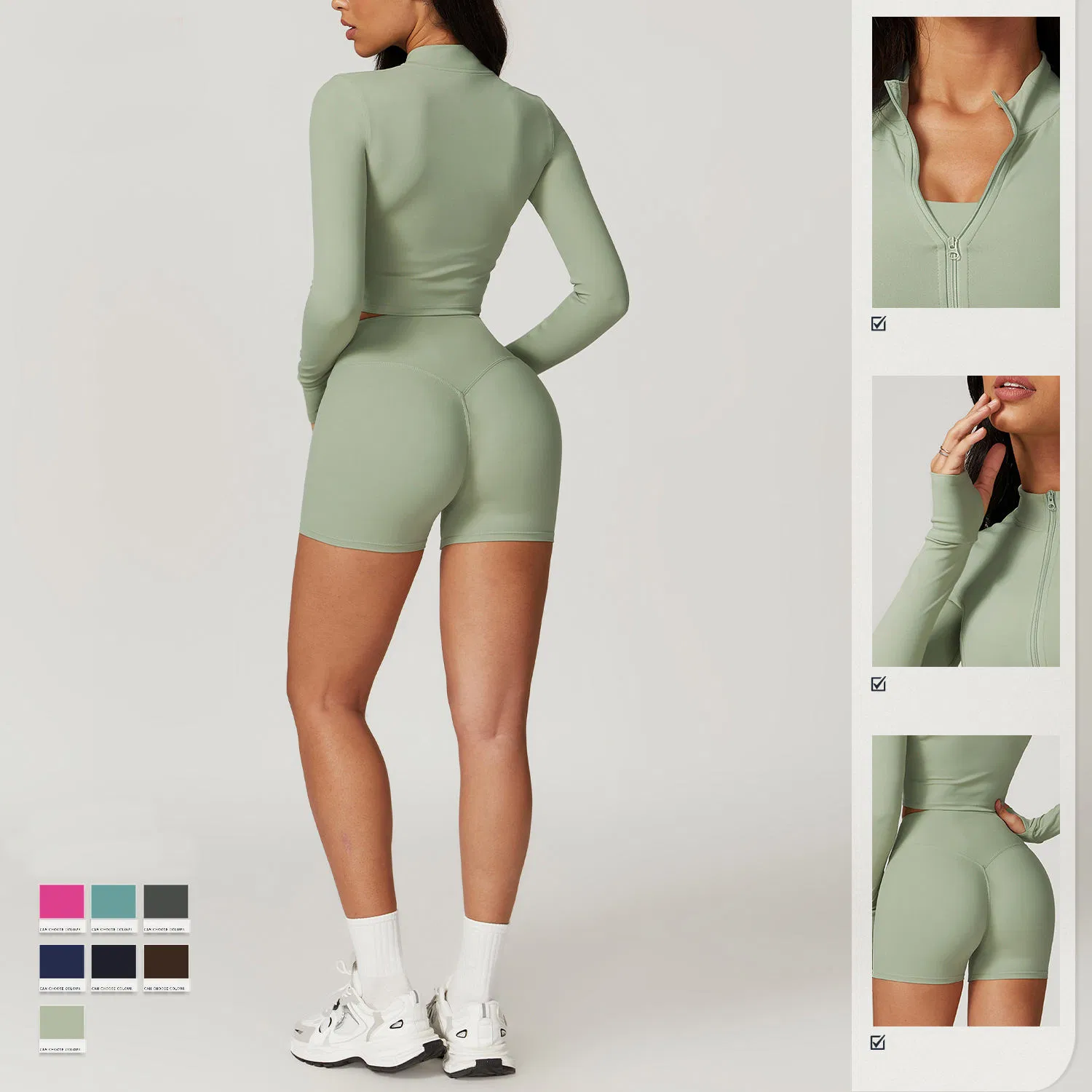 Women's Gym Fitness Activewear Solid Pattern Long Sleeve Yoga Top High-Waist Leggings Workout Clothing with Sports Bra
