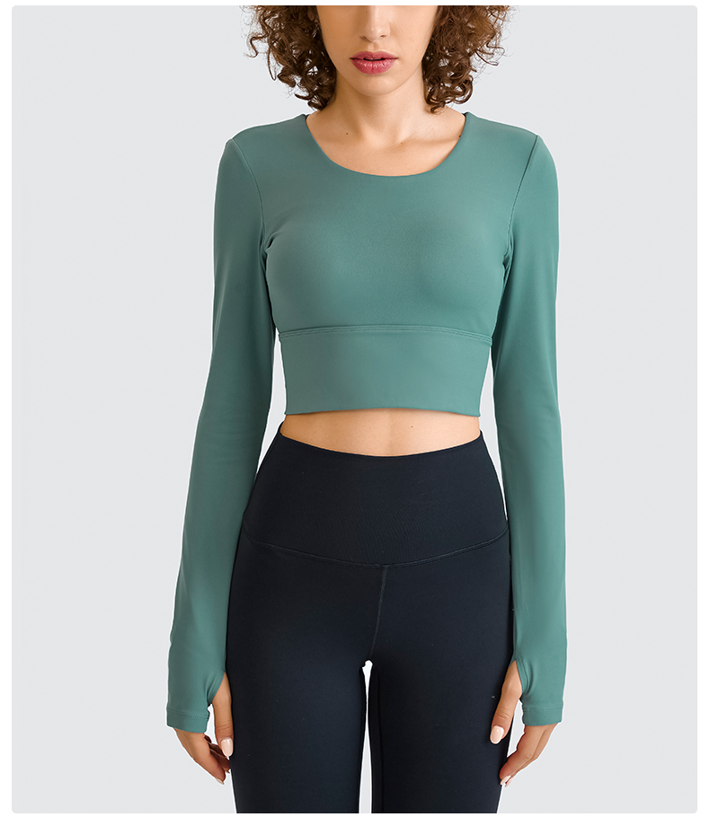 Wholesale Thumb Hole Cuffs Design Long Sleeve Back Cross Strap Women′ S Yoga Tops Fitness Activewear