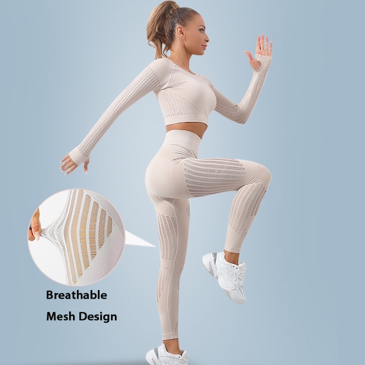 Womens 2 Pieces Stretch Mesh Insert Seamless Street Fitness Wear, Custom High Waist Yoga Leggings + Long Sleeve Crop Top Sexy Striped Gym Apparel for Ladies