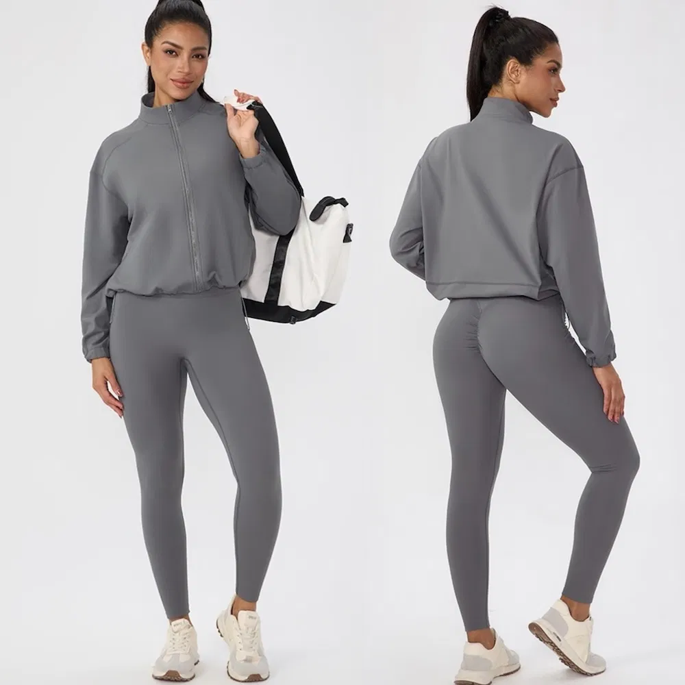 New Listing Two-Pieces Fleece Lined Athletic Apparel for Women, Fancy Tracksuit Zipper Jackets with Pockets and Adjustable Hem + Yoga Running with Scrunch Booty
