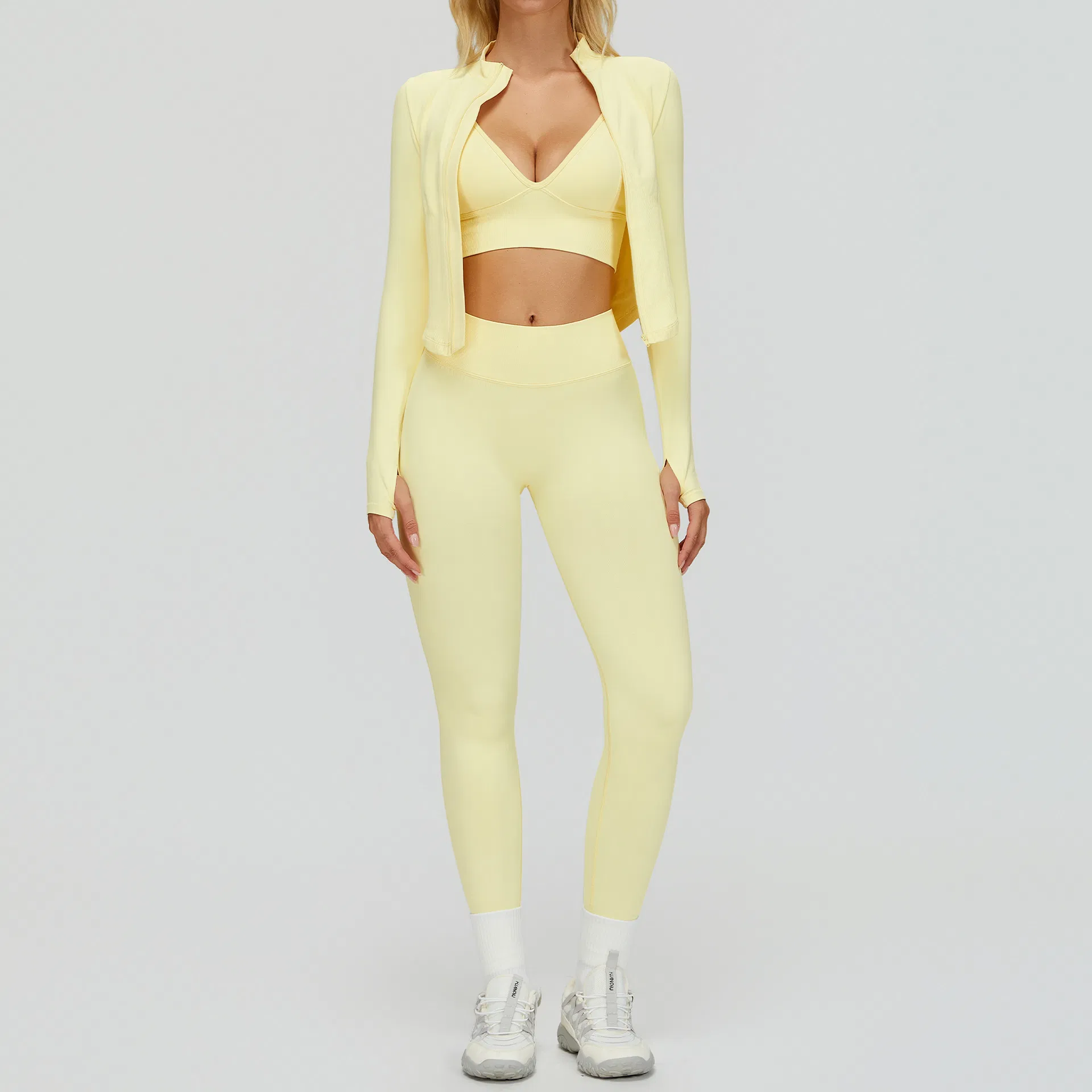 3-Piece Seamless Women's Yoga Set, Slim-Fit High-Waist Fitness Leggings Top and Jacket, Quick-Dry Running Outdoor Sportswear