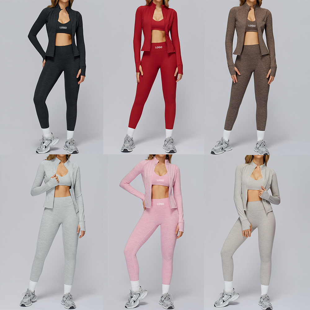 Gym Clothes Yoga Active Wear 3 Pcs Workout Sets Sports Bra Long Sleeve Full Zip Jacket and Butt Lifting Leggings Sets for Women