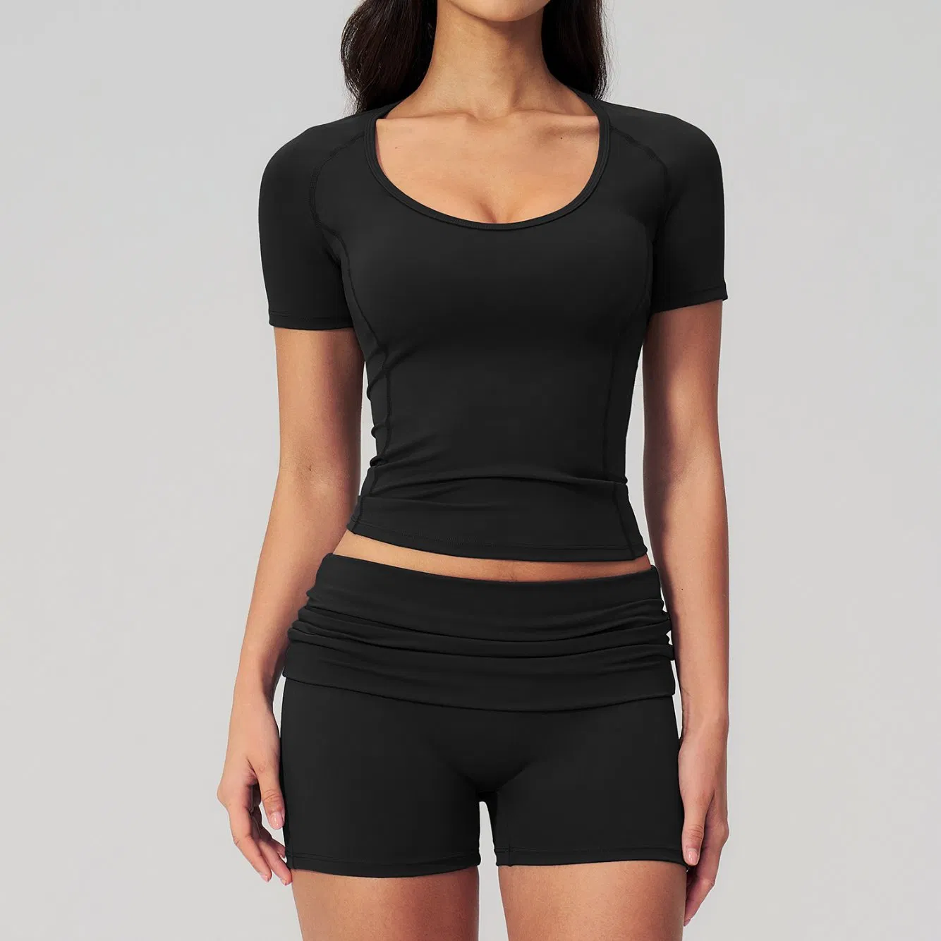 Seamless Square Neck Slim Fit Short Sleeve, High Waist Foldover Bike Shorts with Peach Hip Line, Quick Dry Anti-Odor 2PCS Activewear.