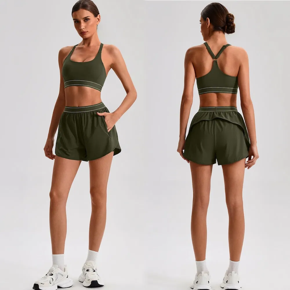 Wholesale 2PCS Cute and Premium Sportswear Tennis Apparel for Women, Color-Collision Sports Bra + Matching Athletic Shorts with Zipper Pocket Running Outfits