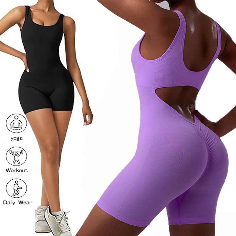 Hot Selling Summer Compression Gym Apparel One-Piece Scrunch Butt Activewear Jumpsuit for Women, Custom Logo Seamless Workout Fitness Shorts Yoga Romper Unitard