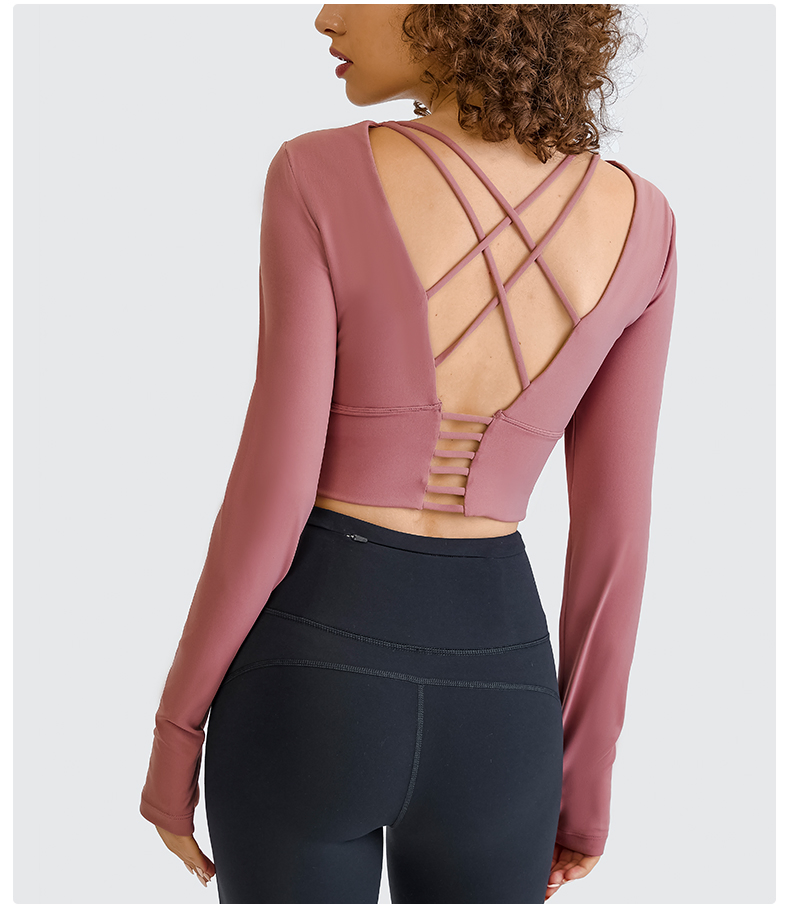 Wholesale Thumb Hole Cuffs Design Long Sleeve Back Cross Strap Women′ S Yoga Tops Fitness Activewear