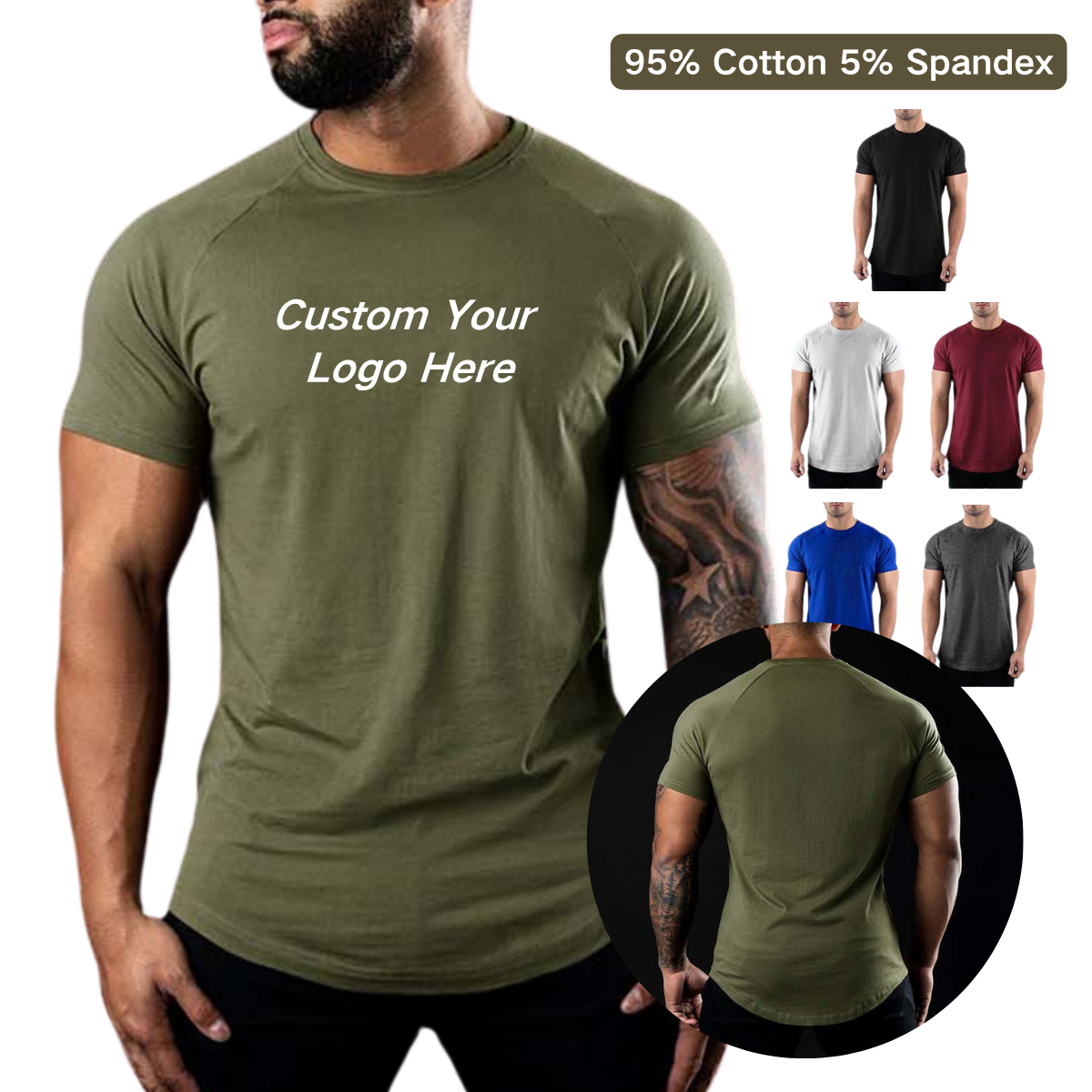 Round Hem 95% Cotton 5% Spandex Fabric Men's Round Neck Sports Workout Fitness Polyester T Shirt Compression Shirt