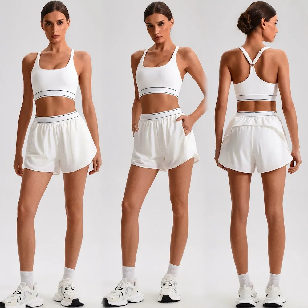 Wholesale 2PCS Cute and Premium Sportswear Tennis Apparel for Women, Color-Collision Sports Bra + Matching Athletic Shorts with Zipper Pocket Running Outfits