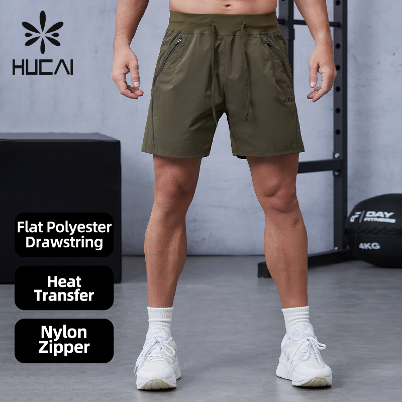 Hucai OEM ODM Premium Activewear Artful Structural Design Drawstring Dry Fit Polyester Breathable Gym Shorts for Men