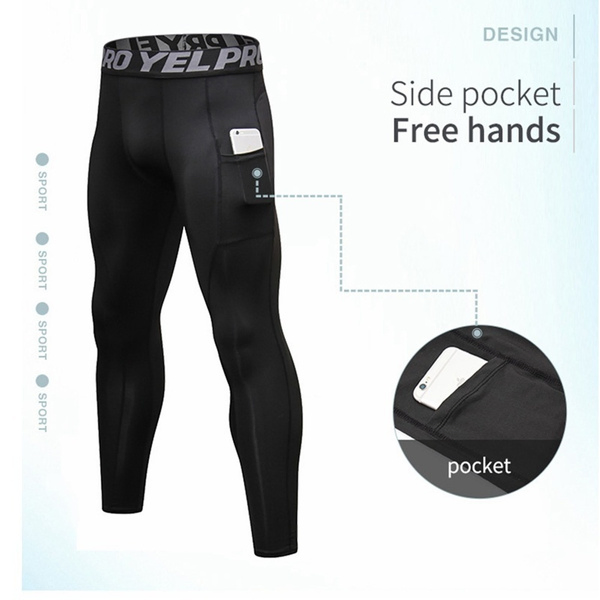 Men Fashion Pocket Pants Sports Leggings Compression Pants Jogging Running Fitness Exercise Gym Tights Trousers Sports Wear Pocket Quick Dry Underwear Gym Wear