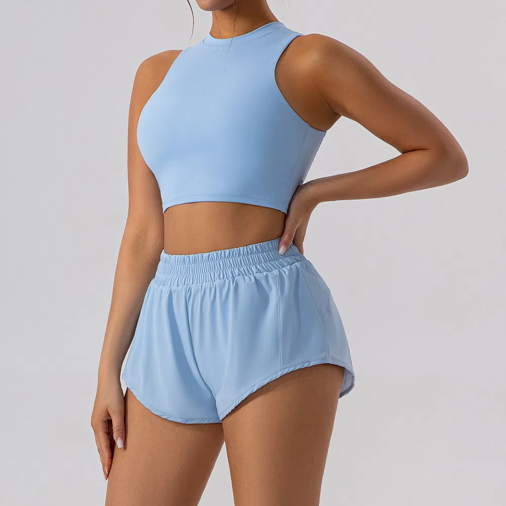 Hot Selling High Elasticity Quick Drying Woman Athletic Gym Workout Set Slim Fit Sleeveless Sports Tank Top and Runnning Shorts Fitness Apparel