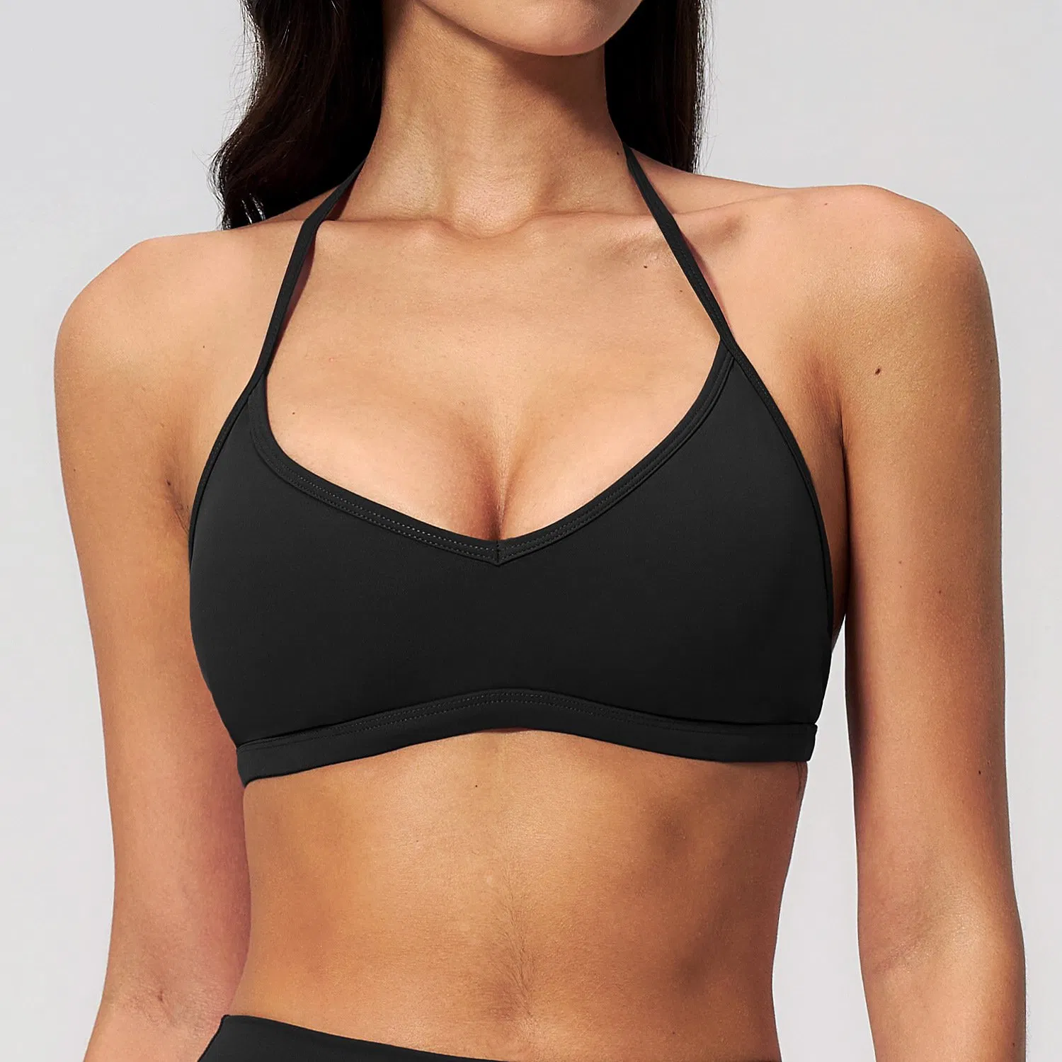 Wirefree V Neck Gym Bra Strap Support Quick Dry Seamless Workout Crop Top Activewear