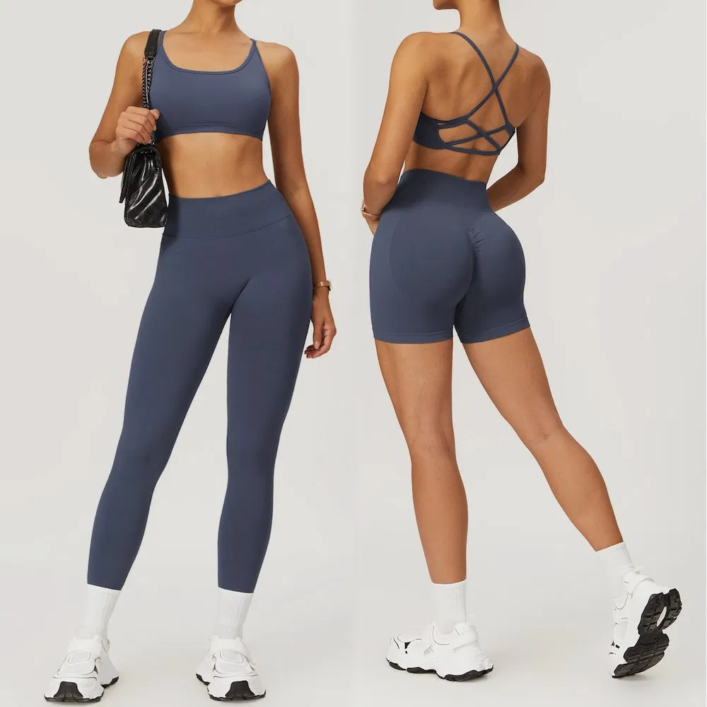 Wholesale 3 PCS Plus Size Seamless Yoga Set Pilates Fitness Clothing Vendor, Sexy Strappy Back Sports Bra + Gym Shorts + Workout Leggings Matching Activewear