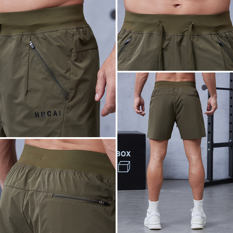 Hucai OEM ODM Premium Activewear Artful Structural Design Drawstring Dry Fit Polyester Breathable Gym Shorts for Men