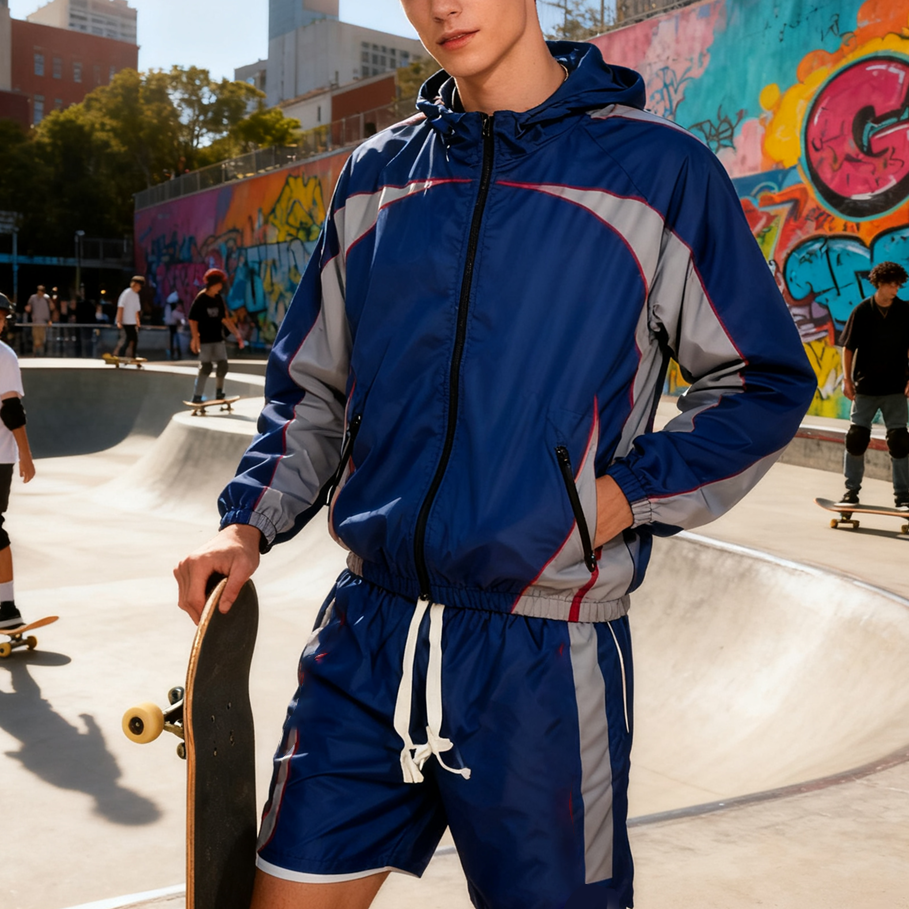 Men's Breathable Reflective Patchwork Autumn Tracksuit Street Sport Wear Athletic Casual Outdoor Style Hiking Windbreaker Short