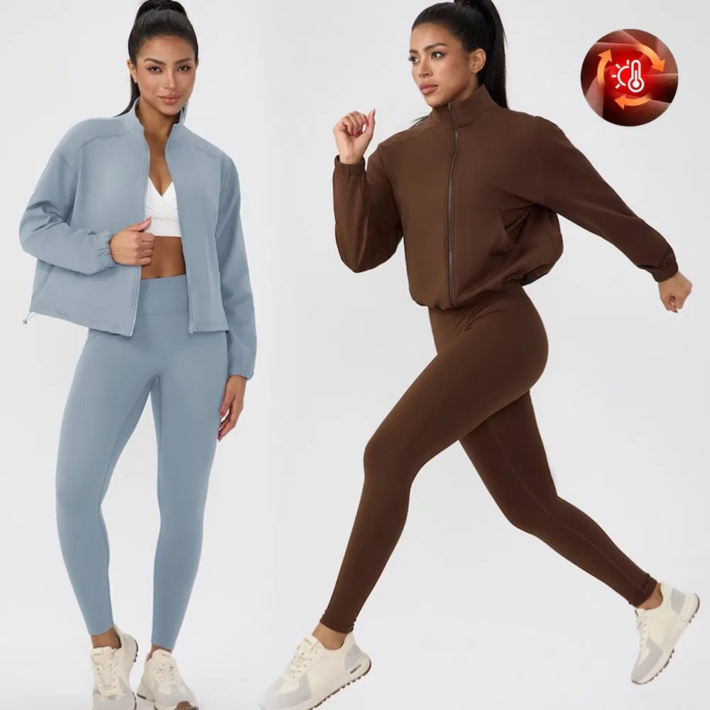 New Listing Two-Pieces Fleece Lined Athletic Apparel for Women, Fancy Tracksuit Zipper Jackets with Pockets and Adjustable Hem + Yoga Running with Scrunch Booty