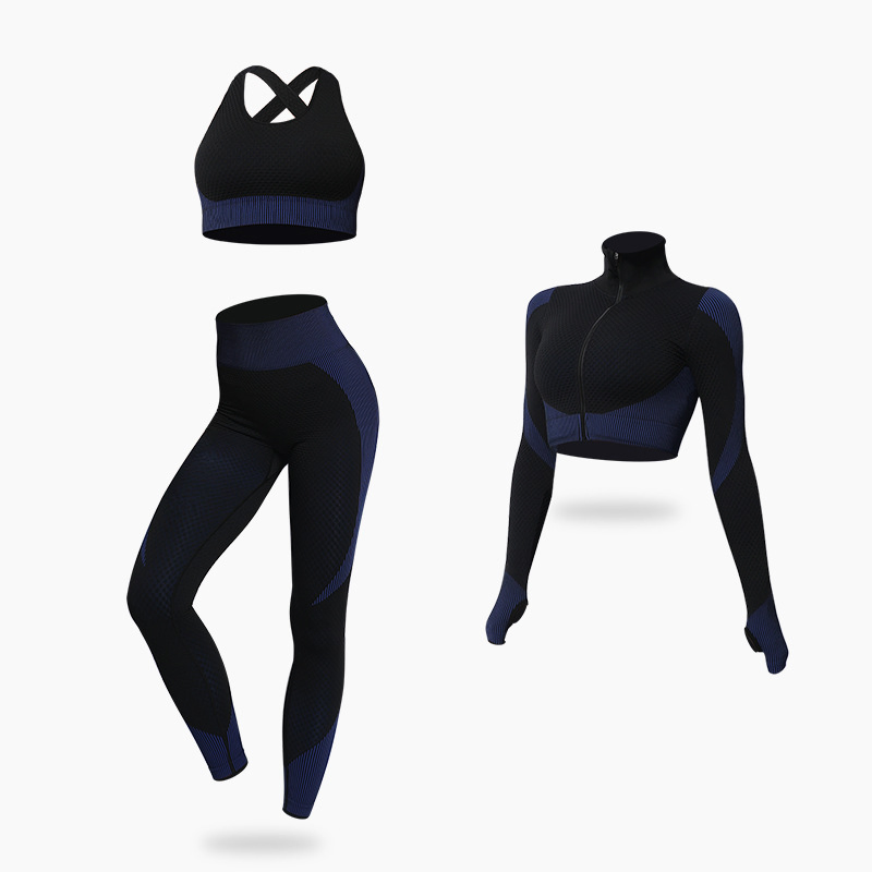 Factory Wholesale Sports 3-Pieces Shockproof Leggings Zip Jackets Bra Seamless Yoga Set Activewear