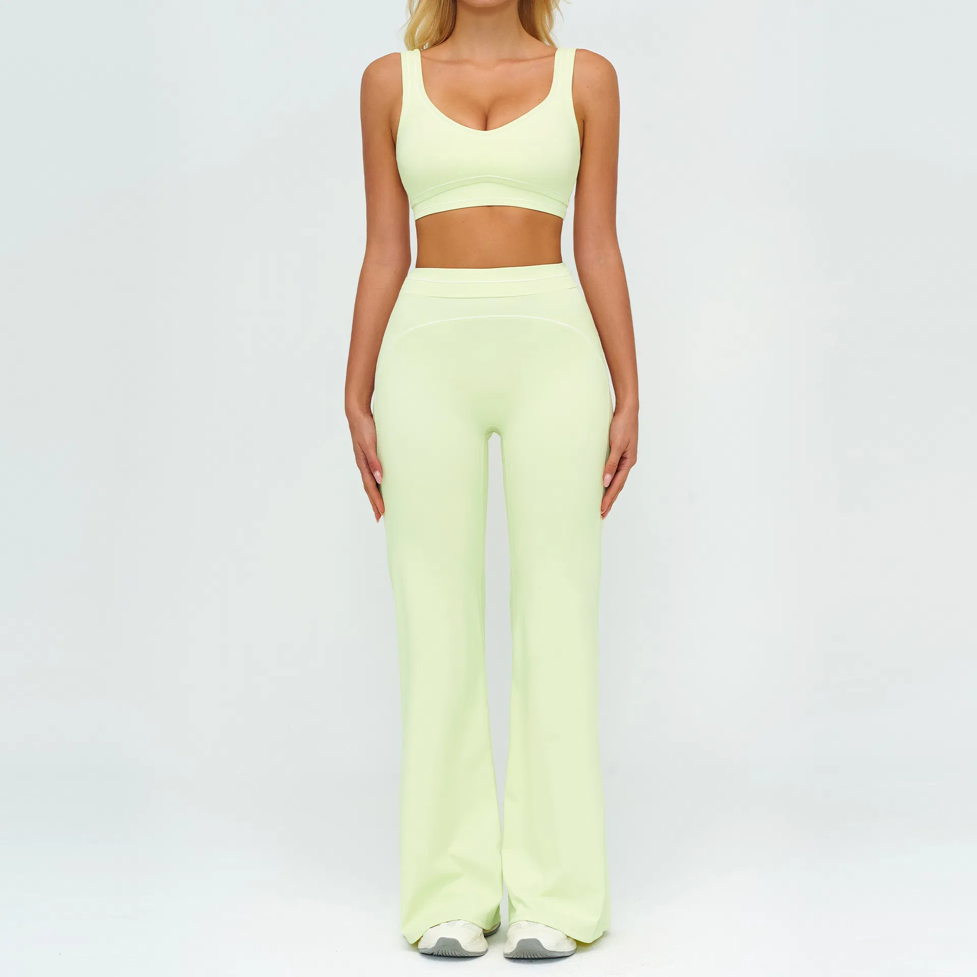 Custom Logo Women's 2 Piece Yoga Set - Contrast Stitching Sports Bra &amp; High Waist Flare Leggings Workout Activewear