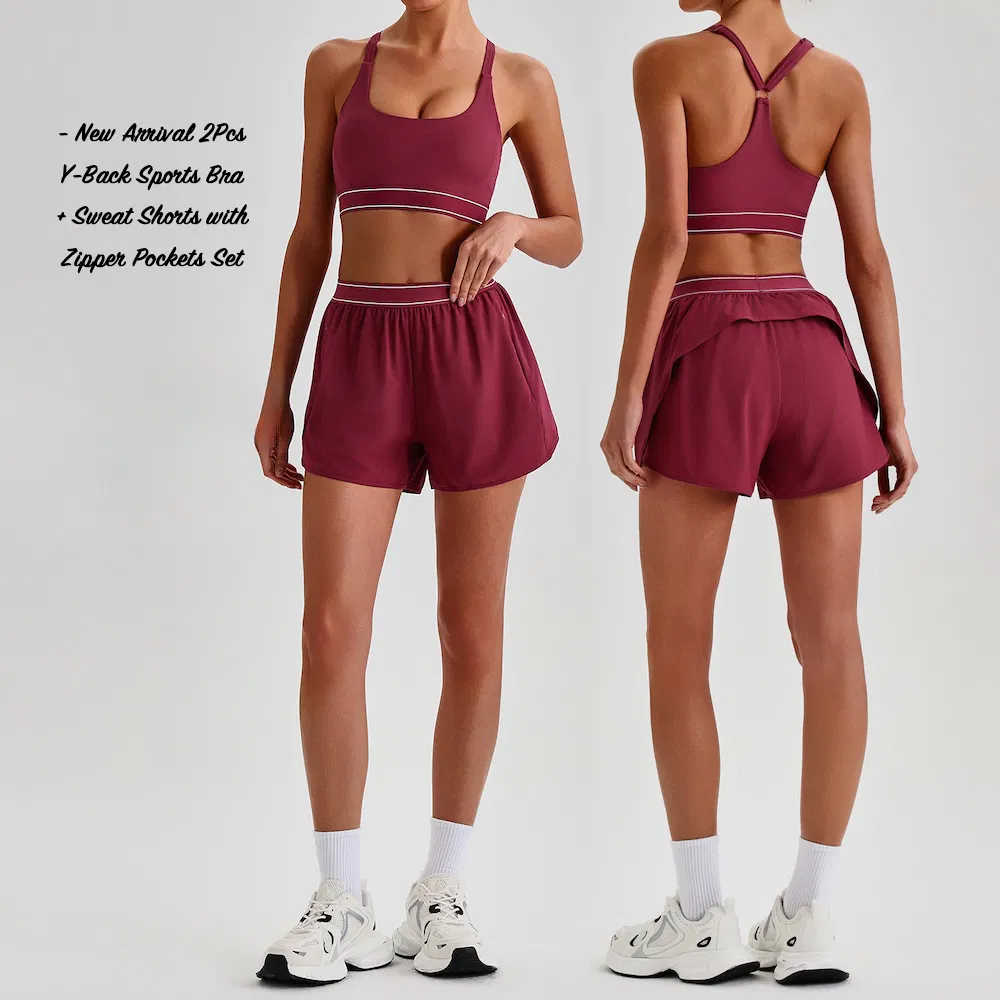 Wholesale 2PCS Cute and Premium Sportswear Tennis Apparel for Women, Color-Collision Sports Bra + Matching Athletic Shorts with Zipper Pocket Running Outfits