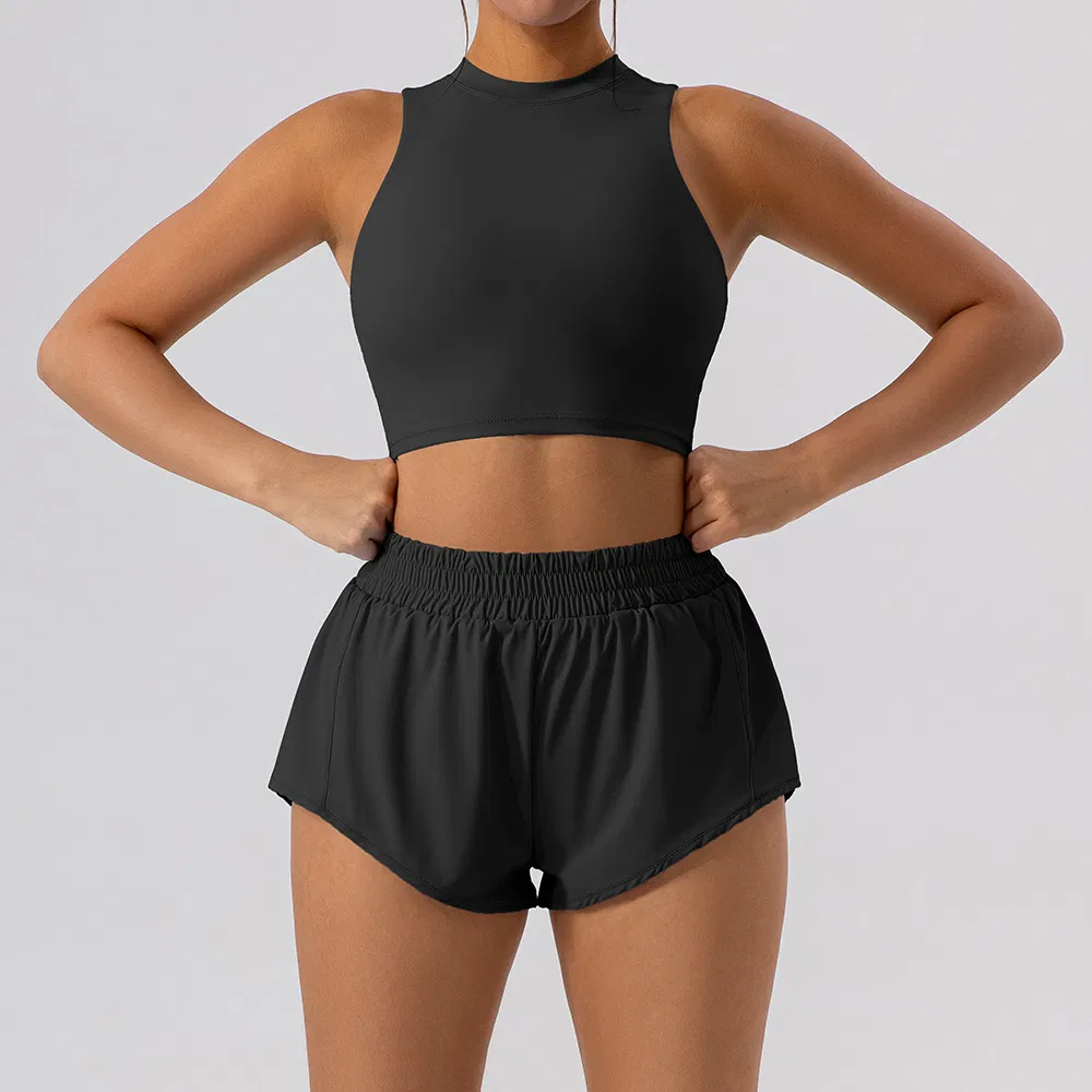 Hot Selling High Elasticity Quick Drying Woman Athletic Gym Workout Set Slim Fit Sleeveless Sports Tank Top and Runnning Shorts Fitness Apparel