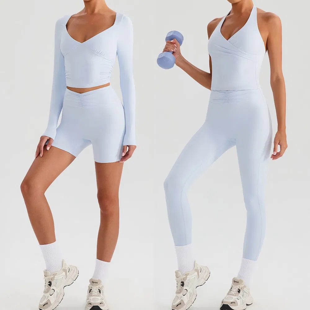 Hot Sexy 4 Pieces Yoga Apparel for Women, Attractive V Neck Sports Top with Bra + High Waisted Gym Shorts +Running Leggings Premium Matching Activewear Set