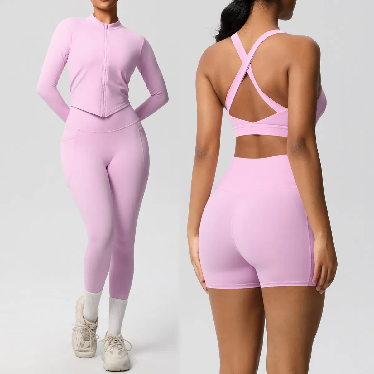 Sportswear Clothing for Women 4 Piece Stretchy Yoga Gym Outfits Biker Shorts Matching Workout Sports Bra Running Jacket Active Athletic Running Apparel Sets