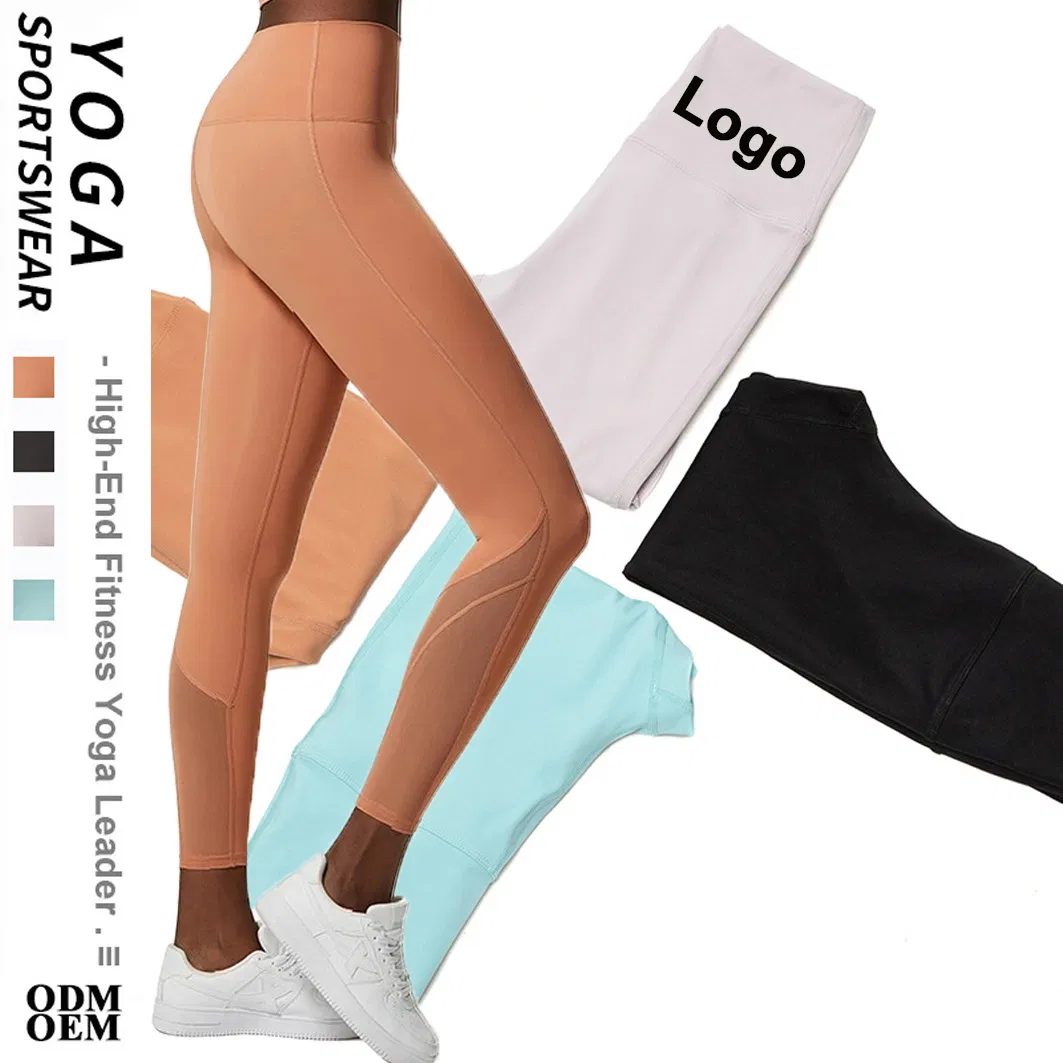Women Solid Color Nylon Sports Yoga Pants Soft Stretchy High Waist Leggings Breathable Leg Mesh Workout Gym Running Activewear