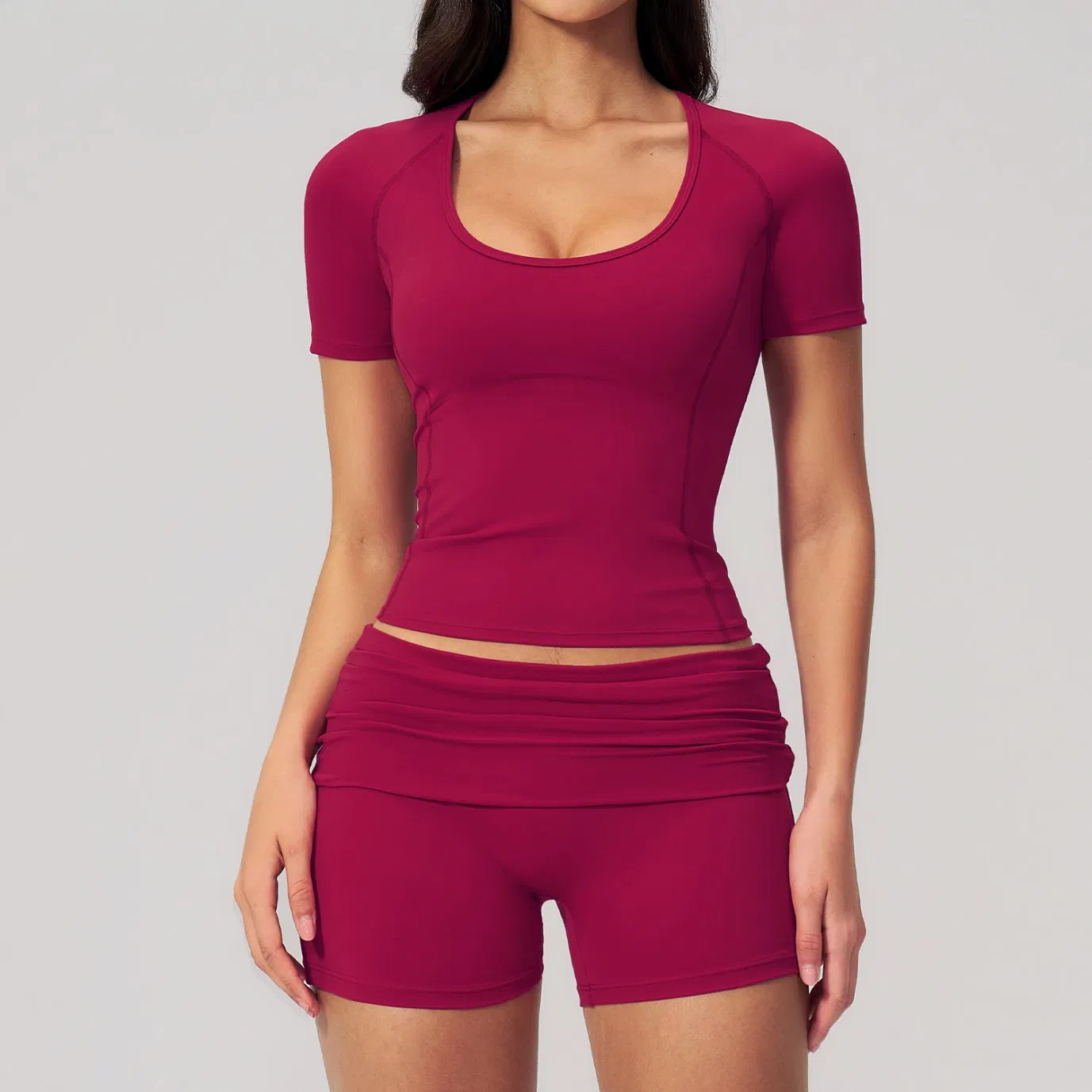 Seamless Square Neck Slim Fit Short Sleeve, High Waist Foldover Bike Shorts with Peach Hip Line, Quick Dry Anti-Odor 2PCS Activewear.