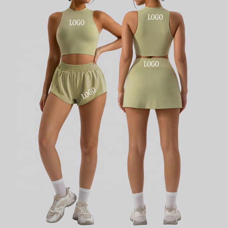 High Neck Padded Tank Top Loose Relax Running Shorts Compression Fit Skort Women Active 2PCS Wear