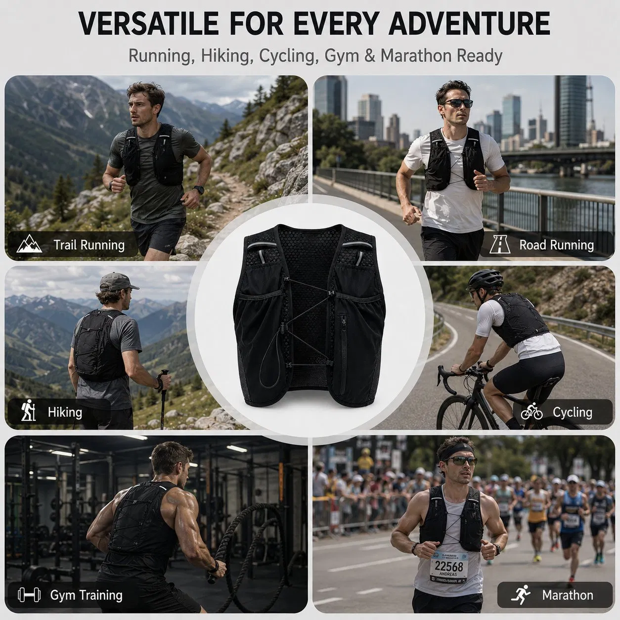 Lightweight Nylon Quick Dry Multiple Pocket Comfort Marathon Running Hydration Vest for Cycling Trail Jogging