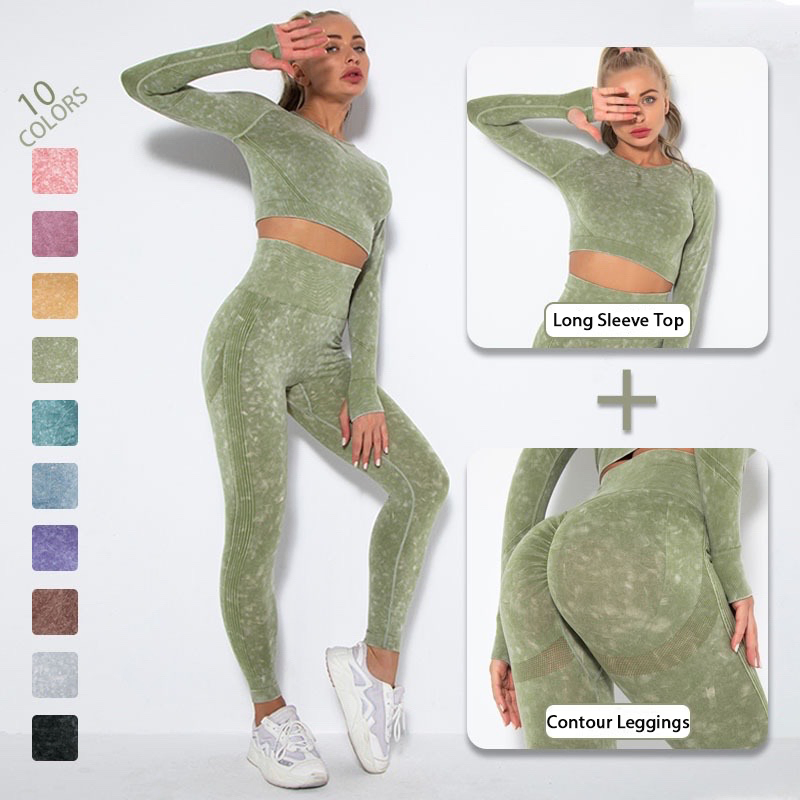 Hot Sexy Seamless Long Sleeve Gym Athletic Apparel for Women, Custom Retro Fashion Streetwear Workout Crop Top + Scrunch Booty Leggings Stretchy Activewear Sets